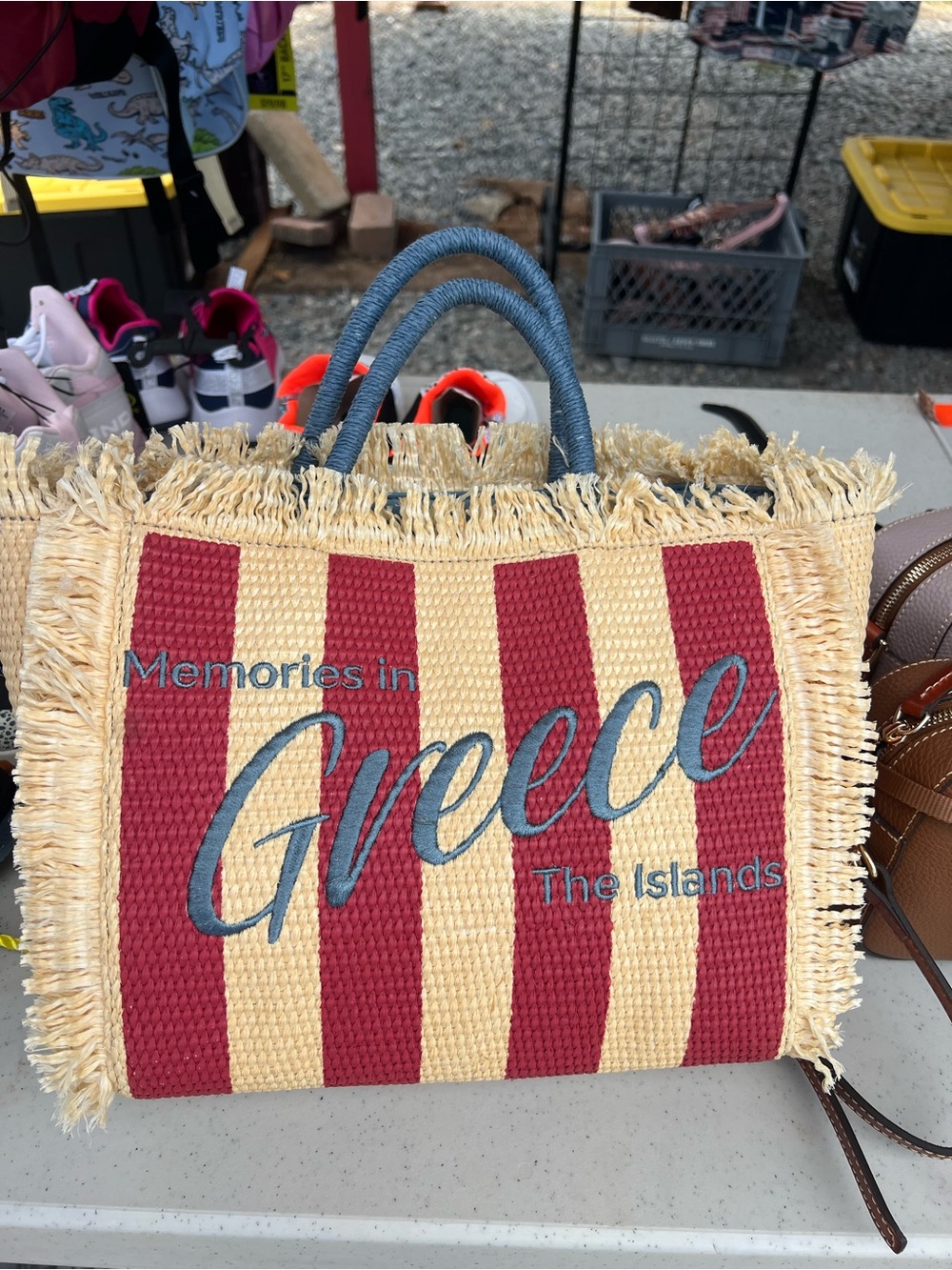 Patricia Nash Red and Cream Striped Straw Tote with Blue Script